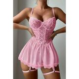 Parkbella Örgü ve Kurdele Detaylı Askılı Mini Gecelik Takımı - Pembe - L - XL