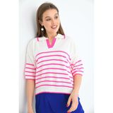 Parkkaron Kadın Polo Yaka Çizgili Triko Kazak Top-Ekru-Fuşya - Standart