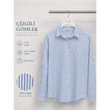 Parkur Dikey Çizgili Oversize Kadın Gömlek – Saks Mavi - XL