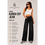 Parla Jeans Kadın Siyah Comfort Likralı Kargo Cepli Wide Leg Yüksek Bel Kot Pantolon