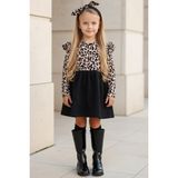 Parla Kids ELB-0059 Leopar Desenli Uzun Kollu Fırfırlı Kız Çocuk Elbise Bandana Takım