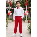Parla Kids Erkek Çocuk Milano Beyaz Gömlek Kırmızı Pantolon Papyonlu Alt Üst Takım 23 Nisan Gösteri Kıyafeti - 8 - 9 Yaş - Beyaz - Kırmızı