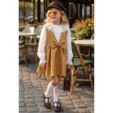 Parla Kids Kız Çocuk Anna Hardal Kareli Fiyonklu Jile Elbise Ekru Dantel Detaylı Bluz Takım - Beyaz - Hardal - 3 - 4 Yaş