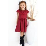 Parla Kids Kız Çocuk Bordo Cherry Fiyonklu Fırfırlı Keten Elbise Toka Takım - 12R-Bordo - 3 - 4 Yaş