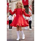 Parla Kids Kız Çocuk Catherine Kırmızı Fiyonklu Fırfırlı Uzun Kol Keten 23 Nisan 29 Ekim Gösteri Kıyafeti - 6 - 7 Yaş
