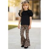 Parla Kids Kız Çocuk Dantel Detaylı Kısa Kollu Siyah Bluz İspanyol Tayt Pantolon Toka Alt Üst Takım - Leopar - 8 - 9 Yaş