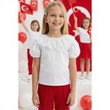 Parla Kids Kız Çocuk Ekru Bisiklet Yaka Dantelli Kısa Kol 23 Nisan Abiye Bluz Gömlek Gösteri Kıyafeti - Beyaz - 10 - 11 Yaş