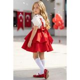 Parla Kids Kız Çocuk Helen Kırmızı Askılı Jile 23 Nisan 29 Ekim Elbise Gösteri Kıyafeti Ekru Dantel Kısa Kollu Bluz Abiye Takım - 6 - 7 Yaş