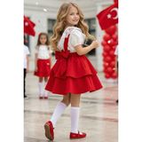 Parla Kids Kız Çocuk Helen Kırmızı Askılı Jile 23 Nisan 29 Ekim Elbise Gösteri Kıyafeti Ekru Dantel Kısa Kollu Bluz Abiye Takım - 7 - 8 Yaş