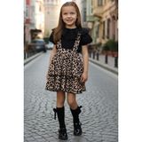 Parla Kids Kız Çocuk Helen Leopar Desenli Askılı Kat Kat Bağlama Jile Elbise Dantel Detay Kısa Kollu Bluz Takım - Siyah - Leopar - 4 - 5 Yaş