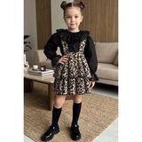 Parla Kids Kız Çocuk Helen Leopar Desenli Askılı Kat Kat Bağlama Jile Elbise Dantel Detay Uzun Kollu Bluz Takım - 9 - 10 Yaş - Siyah - Leopar