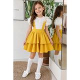 Parla Kids Kız Çocuk Helen Sarı Askılı Jile 23 Nisan 29 Ekim Gösteri Kıyafeti Elbise Ekru Dantel Kısa Kollu Bluz Abiye Takım - 4 - 5 Yaş