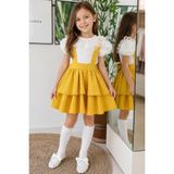 Parla Kids Kız Çocuk Helen Sarı Askılı Jile 23 Nisan 29 Ekim Gösteri Kıyafeti Elbise Ekru Dantel Kısa Kollu Bluz Abiye Takım - 9 - 10 Yaş