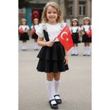 Parla Kids Kız Çocuk Helen Siyah Askılı Jile 23 Nisan 29 Ekim Gösteri Kıyafeti Elbise Ekru Dantel Kısa Kollu Bluz Abiye Takım - 9 - 10 Yaş