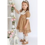 Parla Kids Kız Çocuk Ruby Kahverengi Fırfırlı Dantel Detaylı Kısa Kollu Elbise Bandana Takım - 1,5 - 2 Yaş