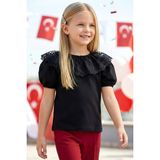 Parla Kids Kız Çocuk Siyah Bisiklet Yaka Dantelli Kısa Kol 23 Nisan Bluz Gömlek Abiye Gösteri Kıyafeti - 4 - 5 Yaş