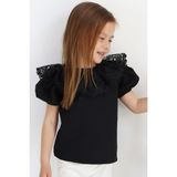 Parla Kids Kız Çocuk Siyah Bisiklet Yaka Dantelli Kısa Kol 23 Nisan Bluz Gömlek Abiye Gösteri Kıyafeti - 7 - 8 Yaş
