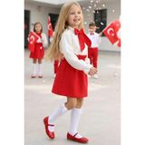 Parla Kids Kız Çocuk Uzun Kollu Kırmızı Etek Ekru Bluz Fular Takım 23 Nisan Gösteri Kıyafeti - 6 - 7 Yaş