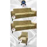Parlak Kadife Geometrik Desenli Koruyucu Giydirme Koltuk Örtüsü - Gold - 3+3+1 (3 Parça Set) - 10 x 10 cm