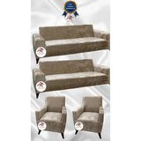 Parlak Kadife Geometrik Desenli Koruyucu Giydirme Koltuk Örtüsü - Vizon - 3+3+1+1 (4 Parça Set) - 10 x 10 cm