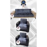 Parlak Kadife Geometrik Desenli Koruyucu Kolsuz Koltuk Örtüsü - Antrasit - 3+1+1 (3 Parça Set) - 10 x 10 cm