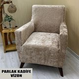 Parlak Kadife Kumaş Tekli Koltuk & Berjer Koltuk Kılıfı - 110 x 110 cm - Vizon