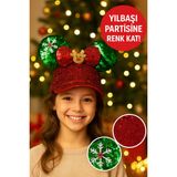 Parlak Payetli Yılbaşı Şapkası - Kırmızı Yeşil Geyik Figürlü Noel Partisi Aksesuarı