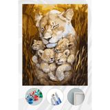 Parloran Sayılarla Boyama 40x50 cm Tuval Seti - Boyaları Ve Fırçaları Dahil - Aslan ve Yavruları