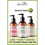 Parnassos Çilek Özlü, Çikolata Aromalı ve Sade Arındırıcı Yenilebilir Aromaterapi Masaj Yağı 150ml Set