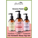 Parnassos Çilek Vanilya Yasemin Aromalı Masaj Yağı Seti 3 x 150 ml (450 ml) | Uzun Süreli Kayganlık, İpeksi Doku ve Kalıcı Koku