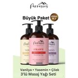 Parnassos Vanilya Çilek Yasemin Aromalı Masaj Yağı Seti 3 X 400 Ml (1200 Ml) | Uzun Süreli Kayganlık, İpeksi Doku Ve Kalıcı Koku