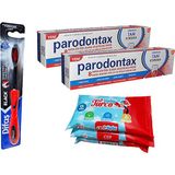 Parodontax Paradontax Feralık Tam Koruma Diş Macunu 100 ml (50 ml X 2) + Difaş Black Yumuşak Diş Fırçası + Baby Turco Mini Islak Havlu