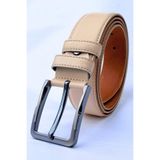 Parscraft Hakiki Deri Erkek Kemer 3,5 Cm Dikişli Bej Klasik Kumaş Pantolon Kemeri
