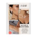 Parspera Gümüş Kaplama Elif Model Taşlı Su Yolu 3' lü Set Choker Kolye, Bileklik ve Küpe Taşlı Set