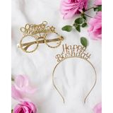 Parti Adresi Happy Birthday Taç Gözlük Set Doğum Günü Parti Aksesuarı Gold - 1 Adet - Ekru