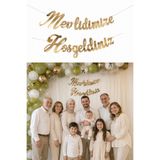 Parti dolabı 1 Adet Gold Mevlidimize Hoşgeldiniz Altın Kaligrafi Yazı Banner Sünnet Bebek Diş Mevlidi Yazı 160cm