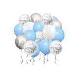 Parti dolabı 15li Gümüş Konfetili 5 Şeffaf Balon 5 Makaron Mavi 5 Metalik Gri Balon Seti