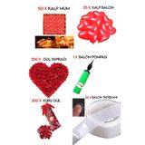 Parti dolabı 50 Kalp Mum, 25 Kalp Balon, Gül Yaprağı, 300 Kuru Gül, 1 Balon Pompası Evlilik Teklifi Paket Set