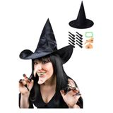 Parti dolabı 5li Halloween Cadı Şapkası Seti (Siyah Şapka+Burun+Çene+Tırnak+Diş) Cadılar Bayramı Kostüm