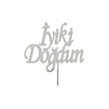 Parti dolabı Gümüş Gri İyi ki Doğdun Cam Pleksi, Doğum Günü Pasta Üzeri Süsü
