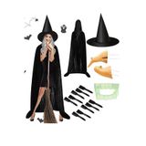 Parti dolabı Halloween 120cm Kapşonlu Pelerin Cadı Şapka+Burun+Çene+Tırnak+Diş 6 Parça Kostüm Set