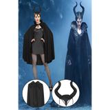 Parti dolabı Halloween Siyah Pelerin Malefiz Boynuz Taç Set, Cadılar Bayramı Maleficent Kostüm Yetişkin Ve Çoçuk