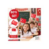 Parti Plato 80'li Türk Bayrağı Seti 20x13 cm Kağıt Bayrak 24 cm Plastik Çubuk Milli Bayram Okul Etkinliği