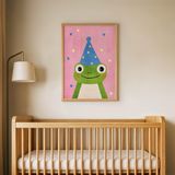 Parti Şapkalı Kurbağa Çocuk Odası Duvar Posteri Çerçeveli Tablo Duvar Dekorasyonu - 30 x 40 - Ahşap Çerçeveli