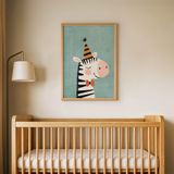 Parti Şapkalı Zebra Çocuk Odası Duvar Posteri Çerçeveli Tablo Duvar Dekorasyonu - 21 x 30 - Ahşap Çerçeveli