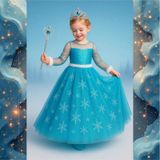 Parti Selesi Karlar Ülkesi Frozen Elsa Kostüm Mavi Tarlatanlı Uzun Kollu Elbise Kız Çocuk Kıyafet Mavi