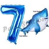 Parti Station Köpek Balığı Balon 7 Yaş Doğum Günü Balon Set Köpek Balığı Konsept Balon ve Lacivert Rakam Balon - Bej