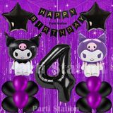 Parti Station Kuromi Konsept 4 Yaş Doğum Günü Balon Seti Mor Perdeli ve Siyah Rakam Balonlu