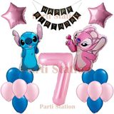 Parti Station Lilo Stitch Balon ve Angel Balon 7 Yaş Doğum Günü Parti Balon Seti Pembe Rakam ve Happy Birthday