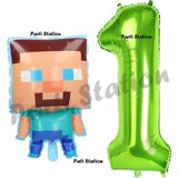 Parti Station Minecraft Balon 1 Yaş Doğum Günü Set Minecraft Konsept Balon Ve Yeşil Rakam Balon